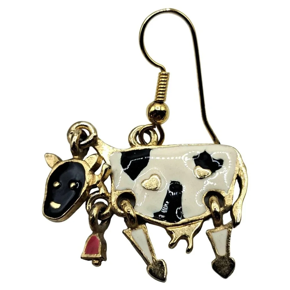 Enamel Cow Earrings Articulating Pierced Novelty Signed Jewelry‎